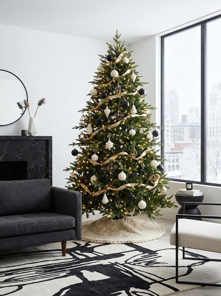 Christmas tree with ivory ornaments, black glass baubles, and brushed gold accents in a modern monochrome living room