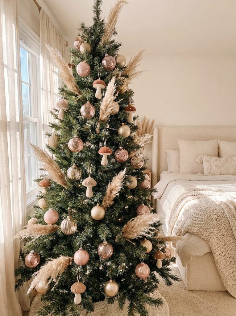 Christmas tree decorated with blush, mushroom, and champagne ornaments with dried pampas grass in a bright bedroom