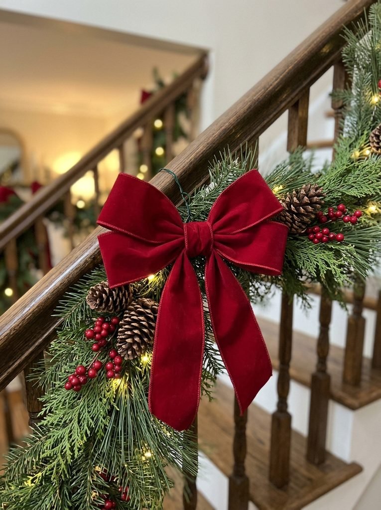 Wired velvet bow attached to staircase garland with floral wire and surrounded by pinecones and berries