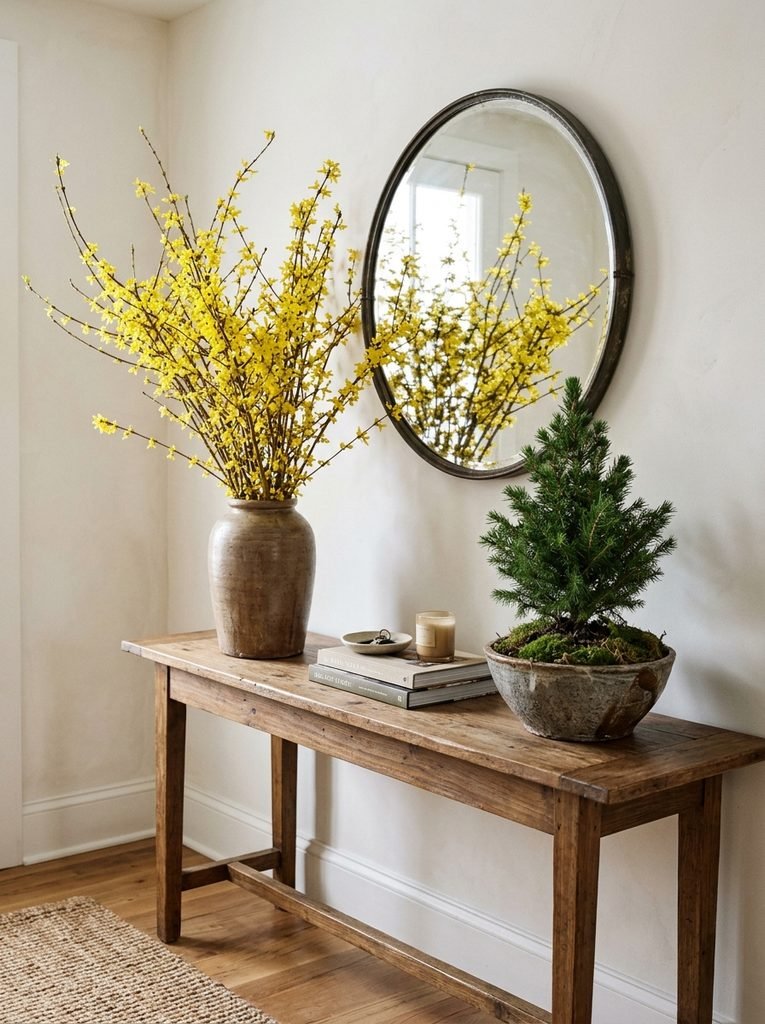 Console table with forced forsythia branches and a small evergreen in a stoneware bowl