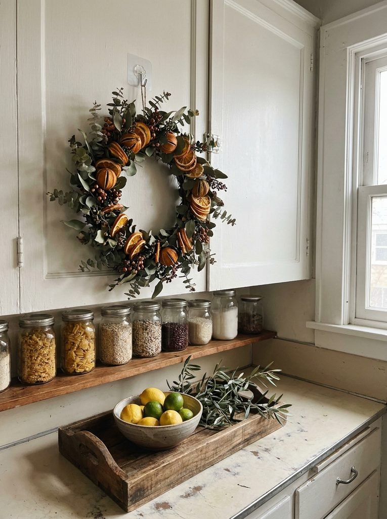 Rental kitchen with removable hook wreath, pantry jars on a shelf, and a tray of citrus and greenery