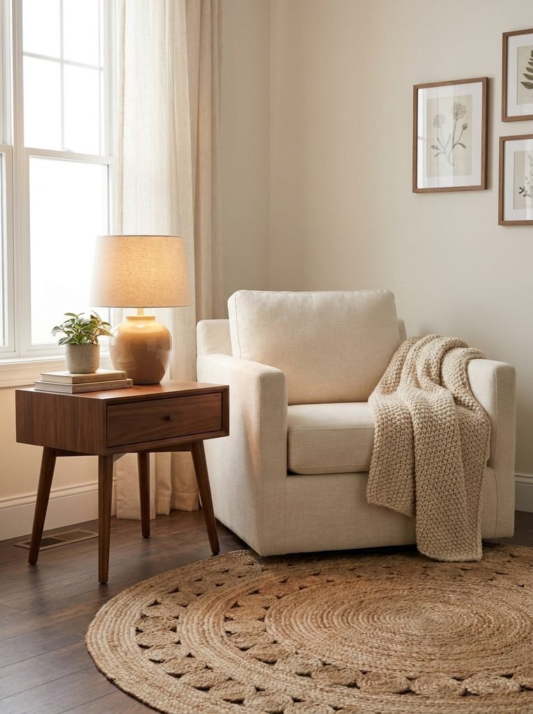 Styled living room corner with cream chair, wool throw, walnut side table, lamp, and small rug