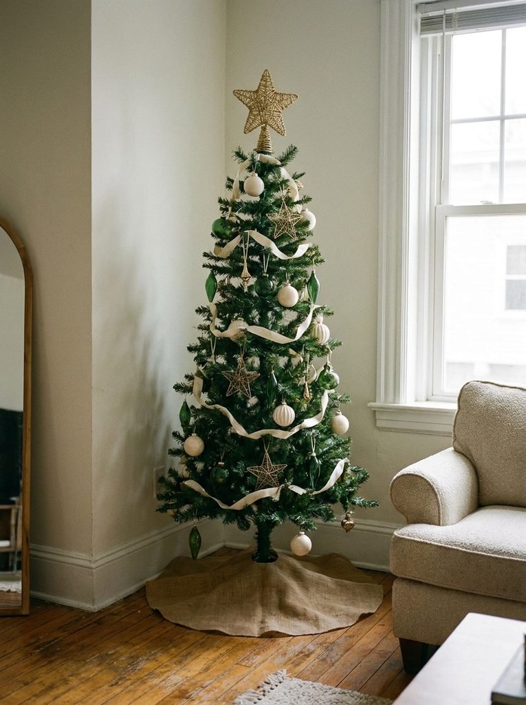 Slim Christmas tree in a small apartment corner with a limited palette of cream, green, and gold ornaments