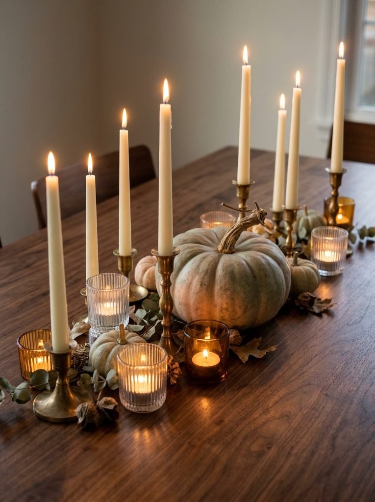 Ivory taper candles in brass holders with glass votives and a muted pumpkin on a walnut table