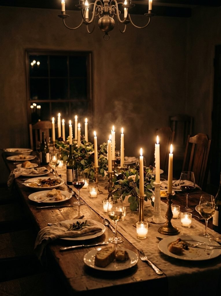 Dining table lit by taper candles and votives with a dimmed overhead light in the evening