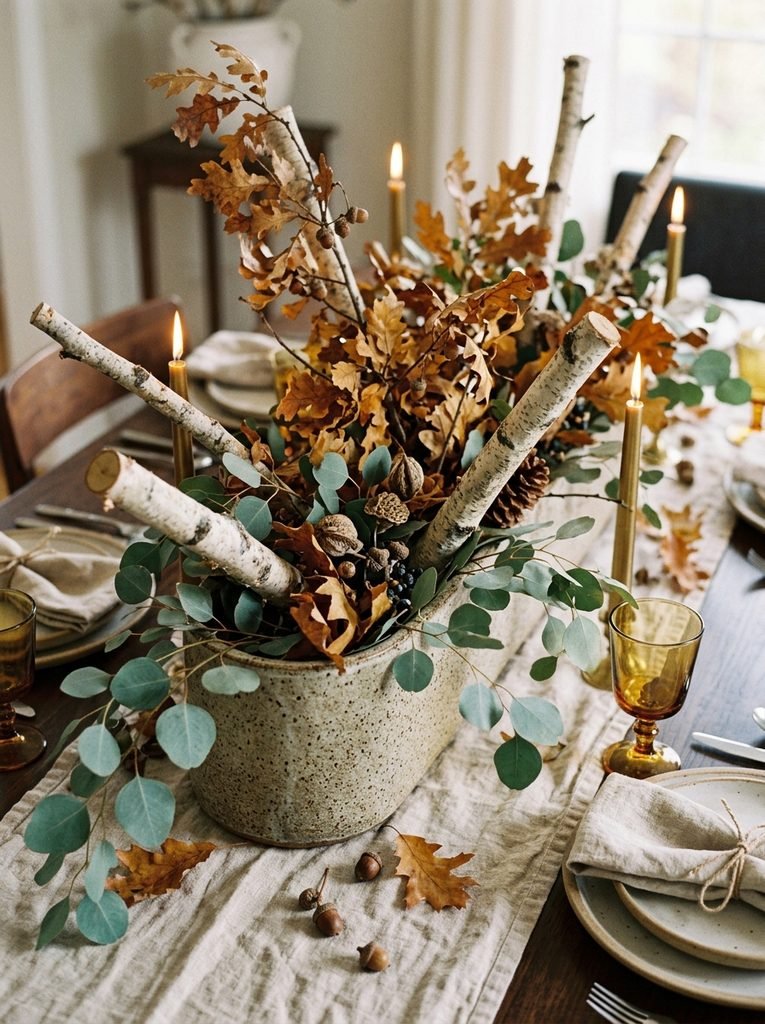 Stoneware trough with birch, dried oak and eucalyptus branches as a Thanksgiving centerpiece