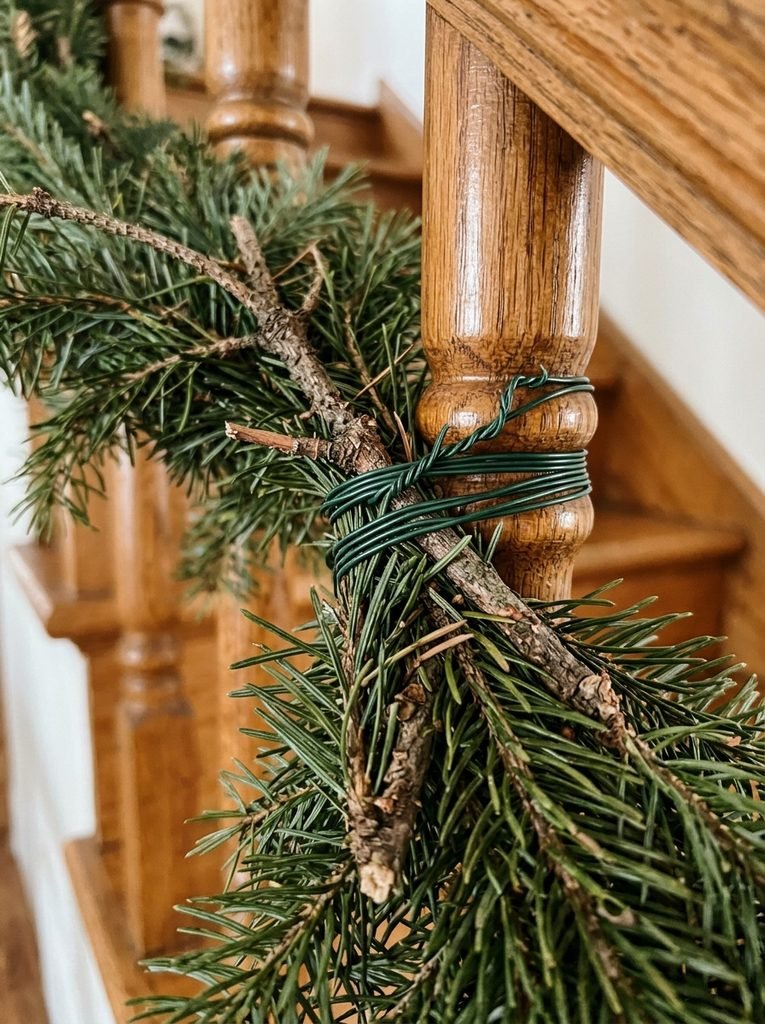 Close view of green floral wire securing evergreen garland to a wooden banister spindle