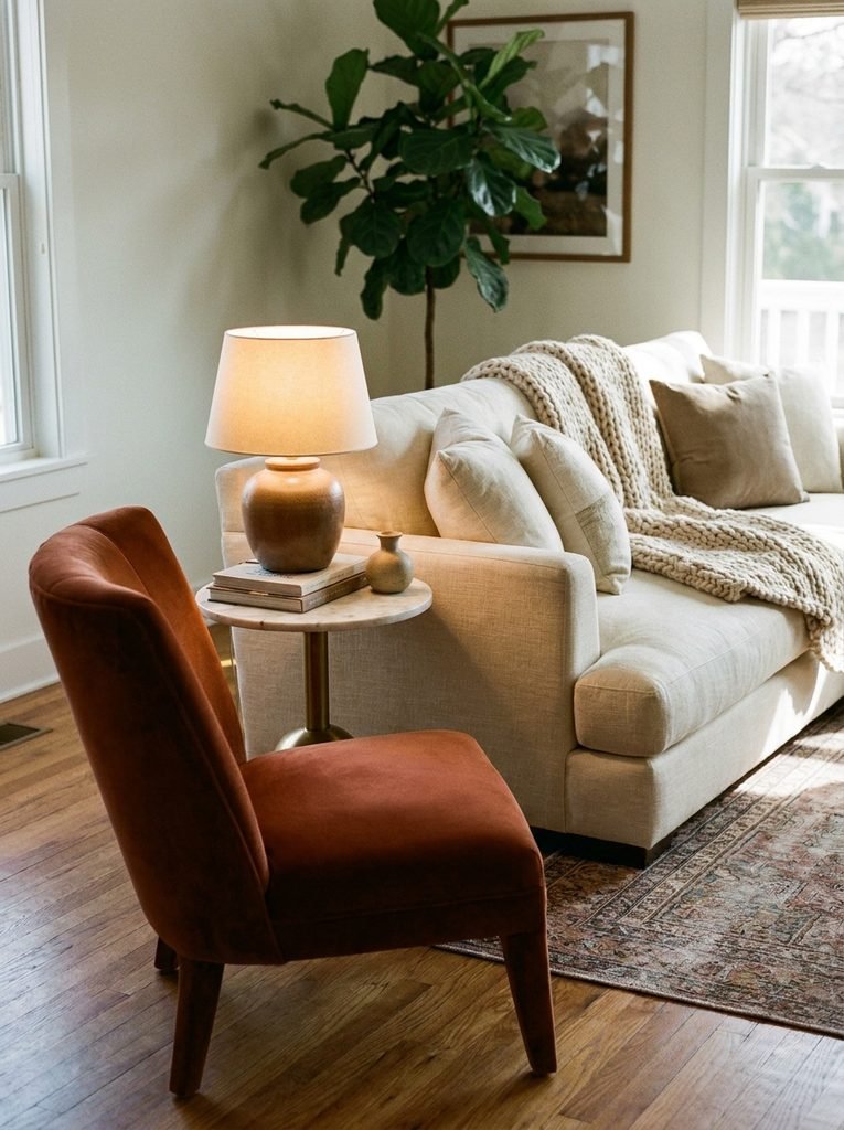 Rust velvet accent chair angled toward a cream sofa in a living room corner with marble side table and table lamp