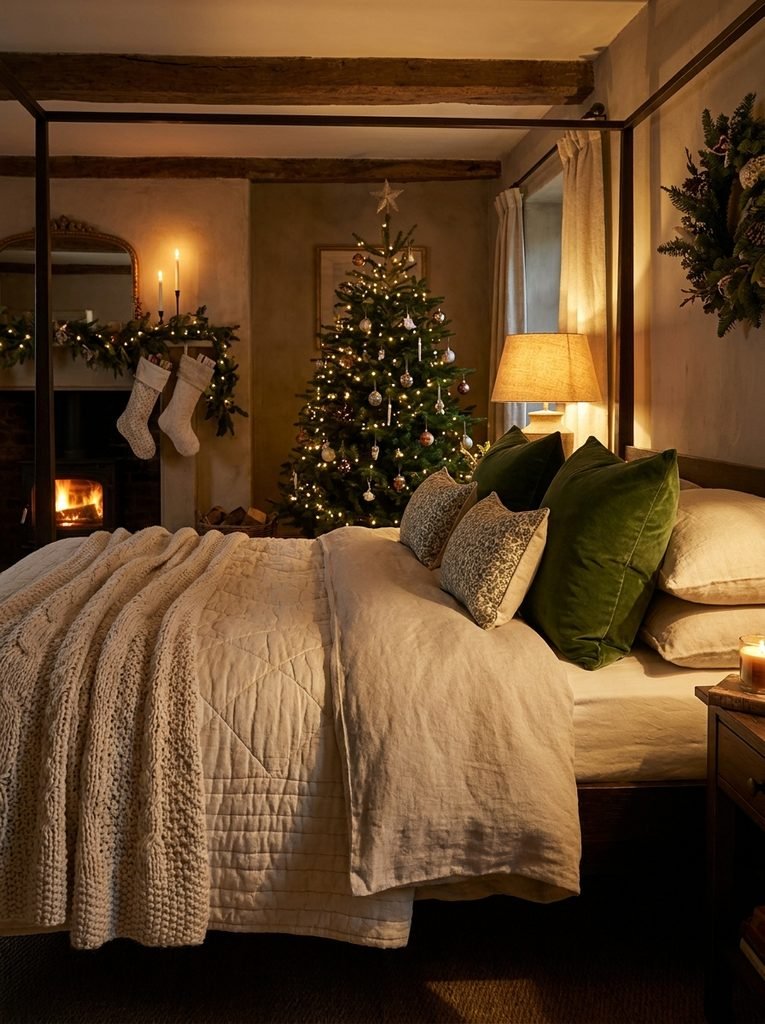 Cozy Christmas bedroom with layered cream bedding, green velvet pillows and warm lamplight