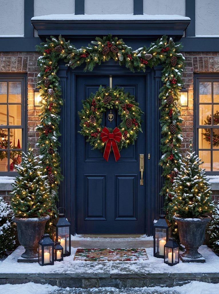 Front door with a large evergreen wreath, framing garland, lanterns, and potted trees decorated for Christmas