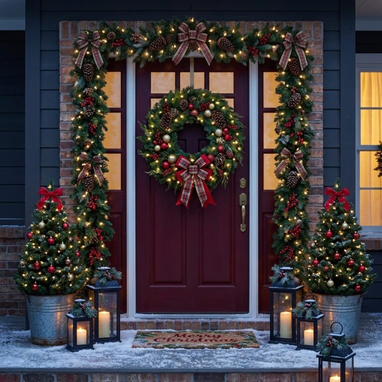 Front door with a large evergreen wreath, framing garland, lanterns, and potted trees decorated for Christmas