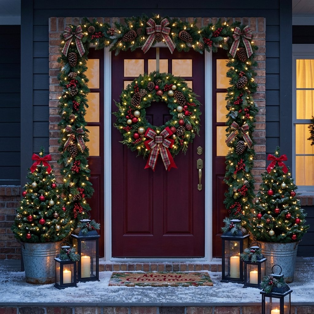 Front door with a large evergreen wreath, framing garland, lanterns, and potted trees decorated for Christmas