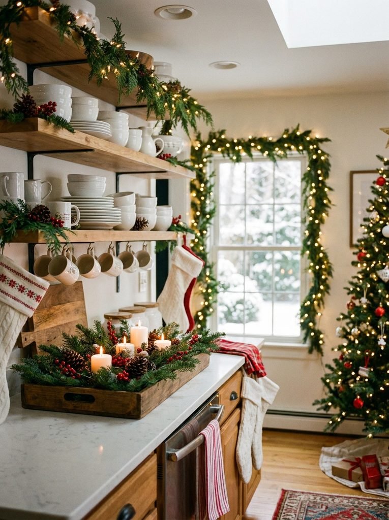 Kitchen decorated for Christmas with a counter tray of greenery, open shelves with white dishware, and a lit window garland