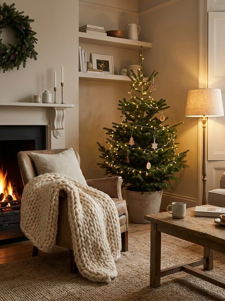 Cozy Christmas living room with a chunky knit throw, warm lamplight, a simple tree, and uncluttered surfaces