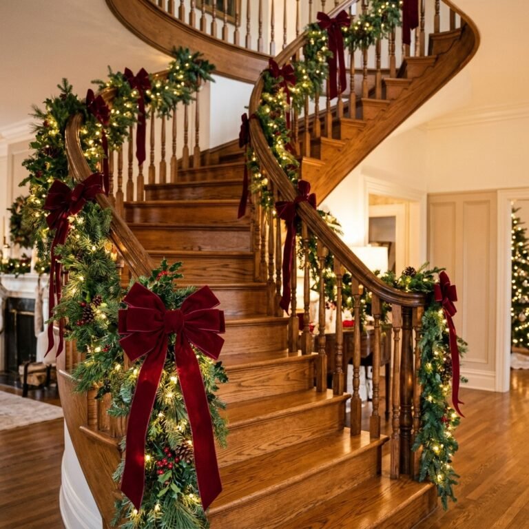 Wooden staircase with a full evergreen garland, warm white lights, and velvet ribbon bows securely wrapped on the banister