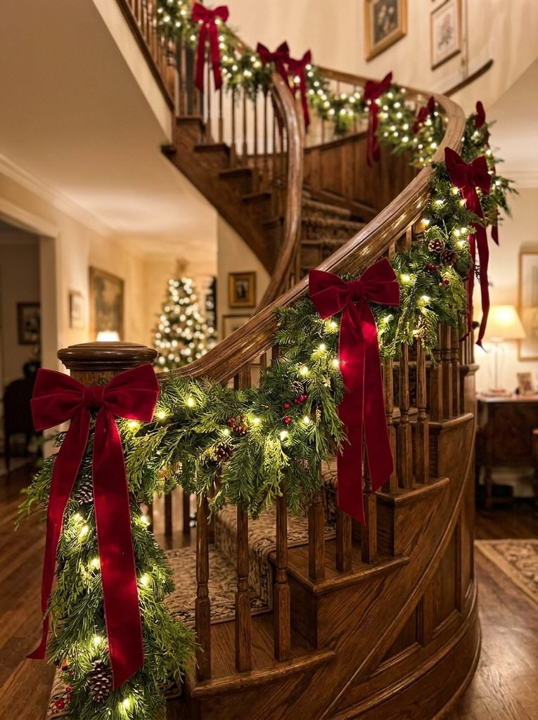 Wooden staircase with a full evergreen garland, warm white lights, and velvet ribbon bows securely wrapped on the banister