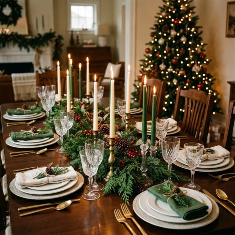 Christmas dinner table set with white plates, evergreen runner, taper candles, and glassware in a warm dining room