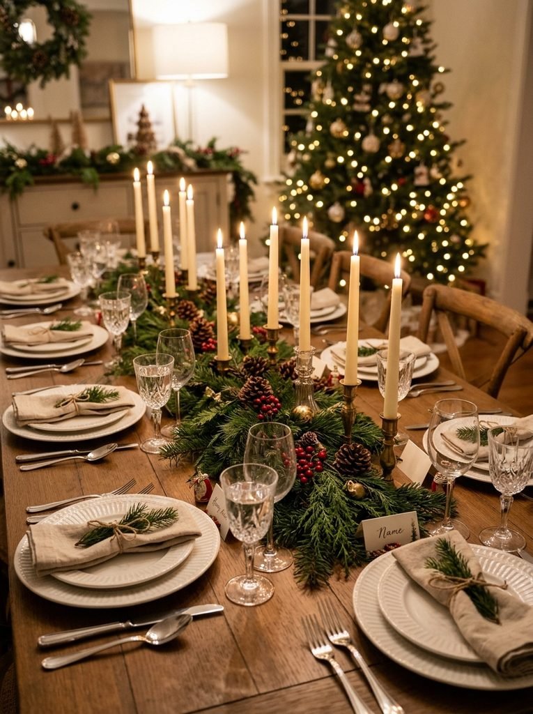 Christmas dinner table set with white plates, evergreen runner, taper candles, and glassware in a warm dining room