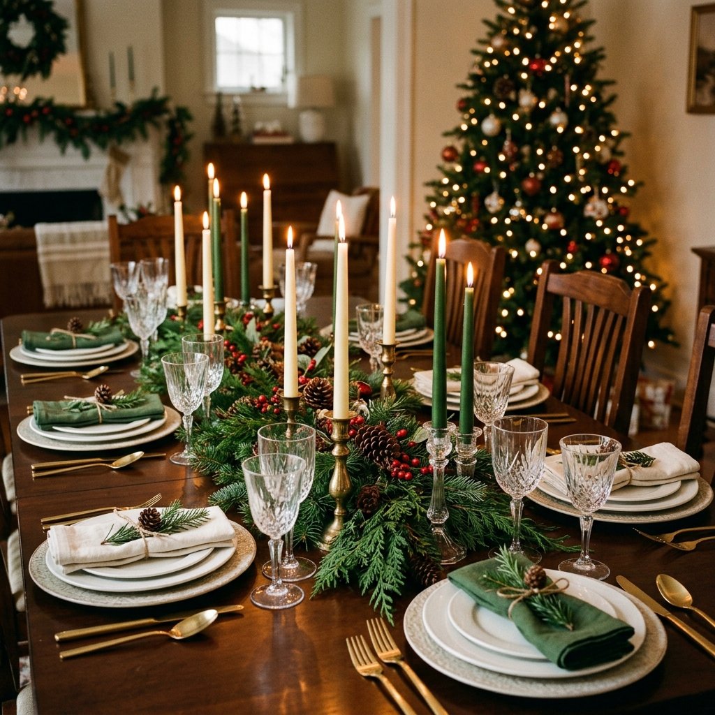 Christmas dinner table set with white plates, evergreen runner, taper candles, and glassware in a warm dining room