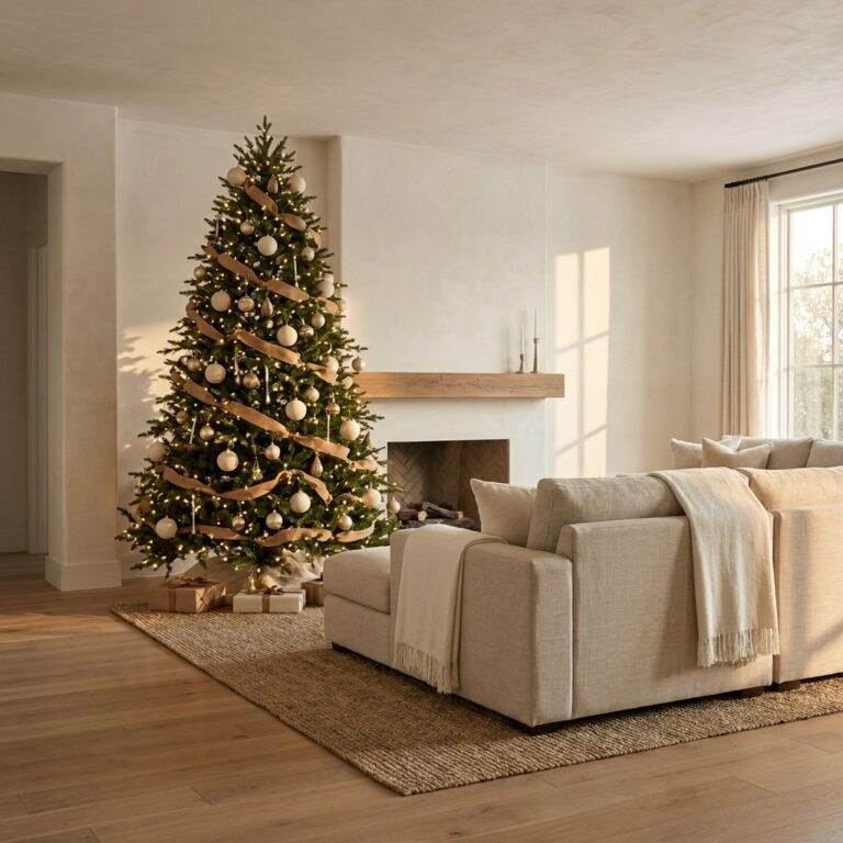Christmas tree in a warm neutral living room decorated with cream, camel, and brass ornaments