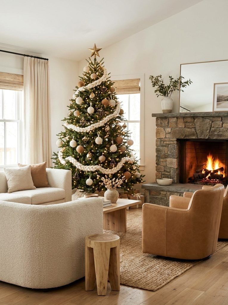 Christmas tree in a warm neutral living room decorated with cream, camel, and brass ornaments