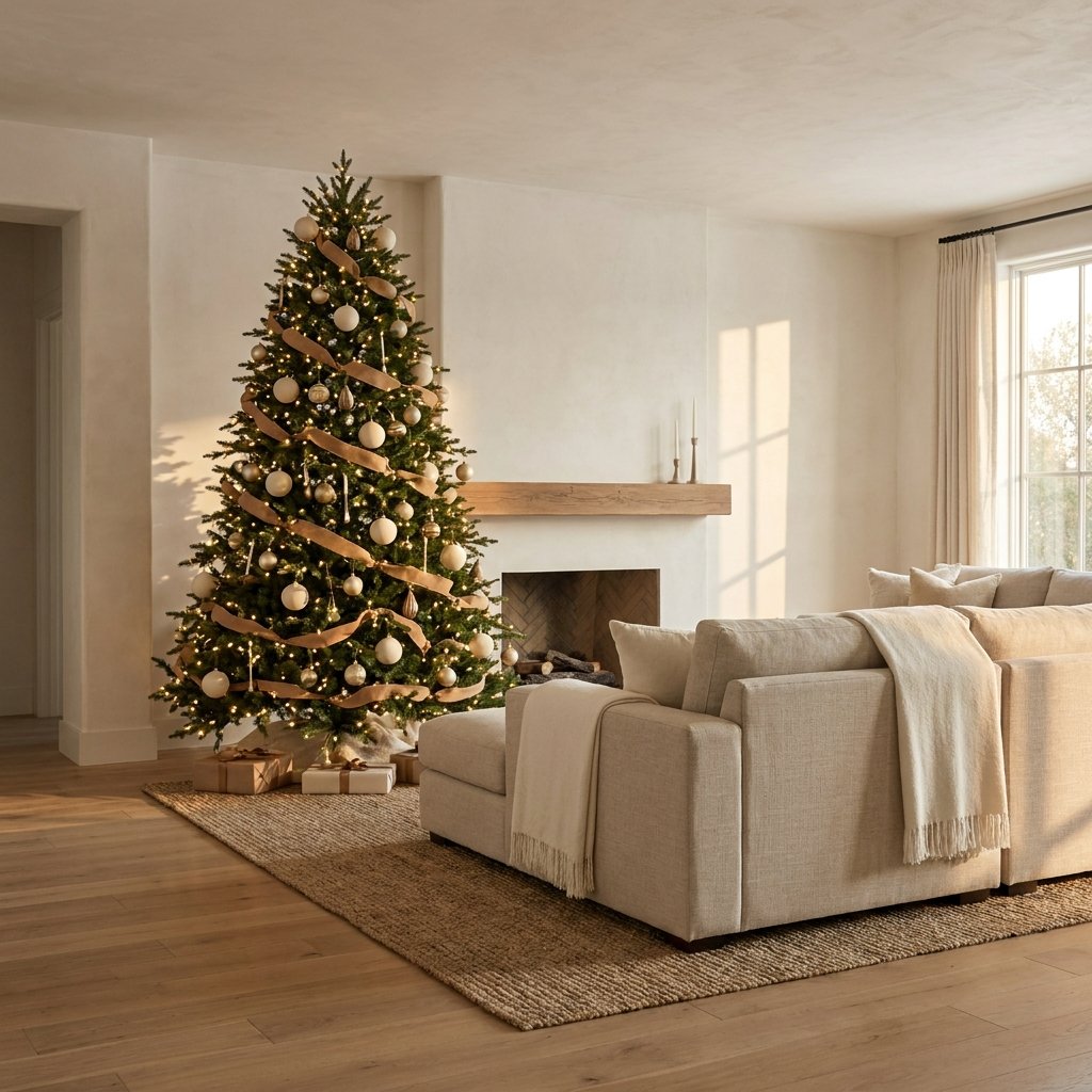 Christmas tree in a warm neutral living room decorated with cream, camel, and brass ornaments