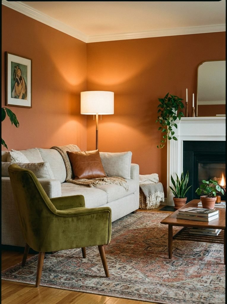 Olive green accent chair paired with an oatmeal linen sofa and cognac cushion in a warmly lit living room