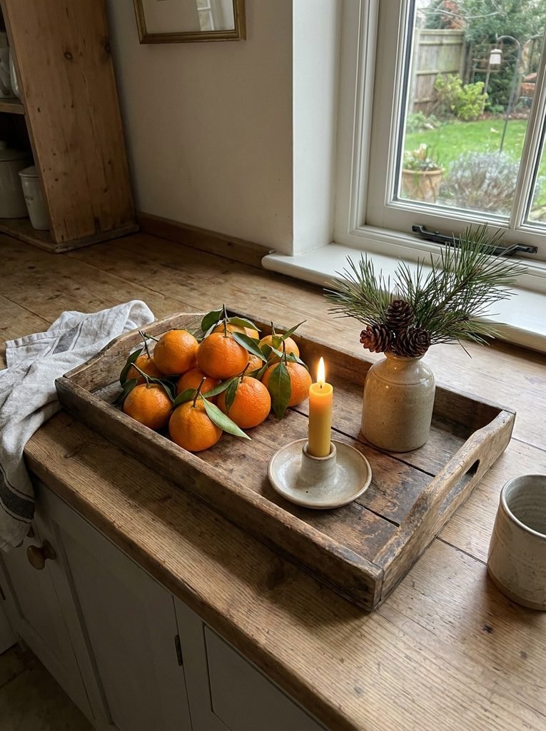 Kitchen counter with a wooden tray holding clementines, a short candle, and a bud vase of pine stems
