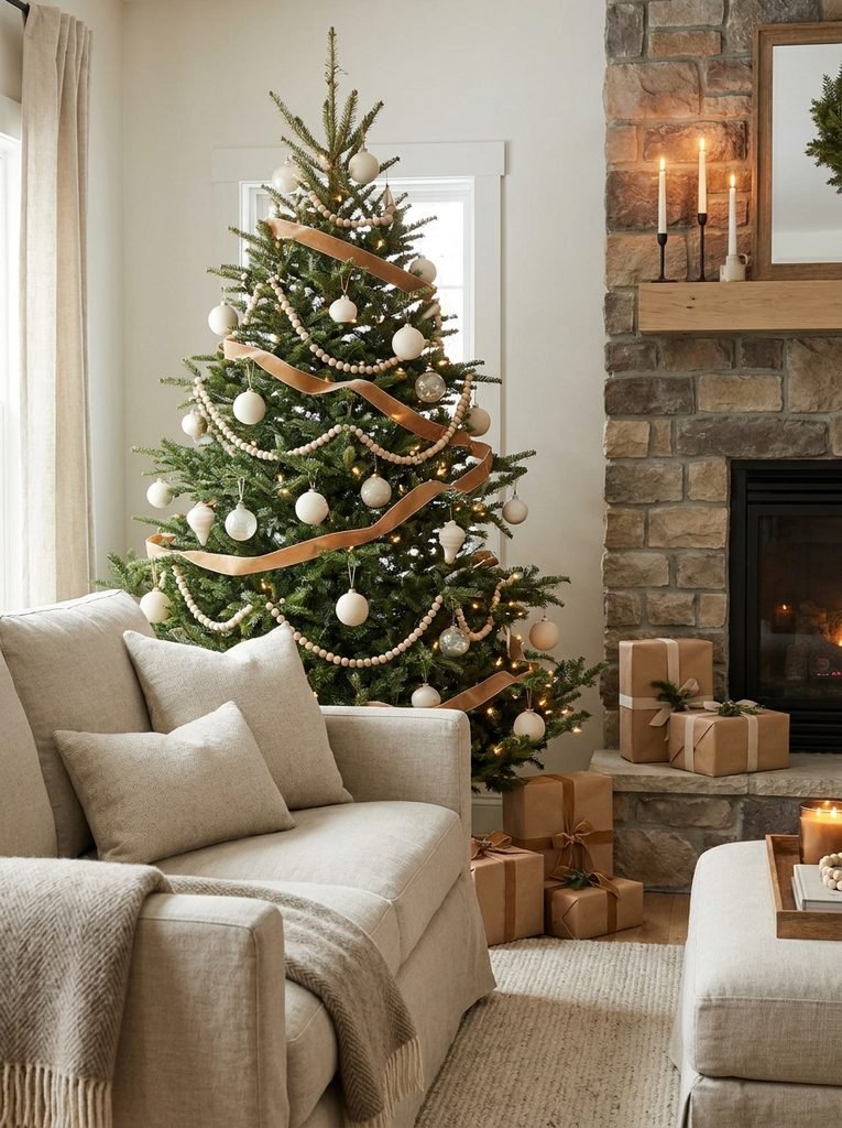 Christmas tree with cream matte ornaments, wooden beads, and camel ribbon beside a linen sofa