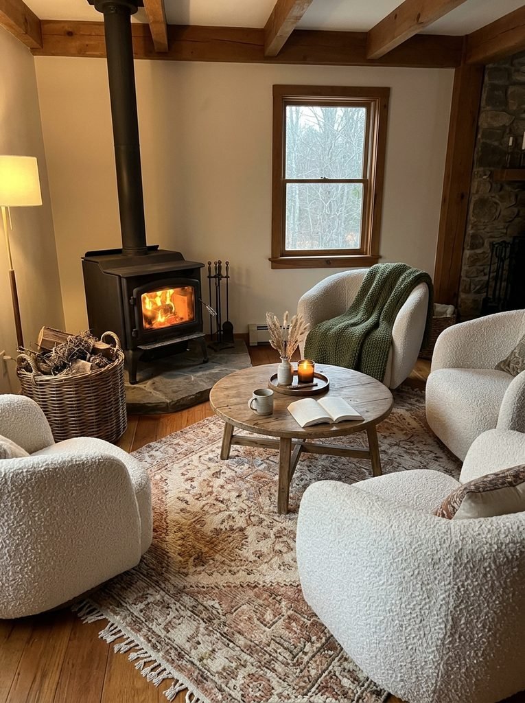 Cozy fireside seating area with a wood stove, log basket and boucle chairs around a round table