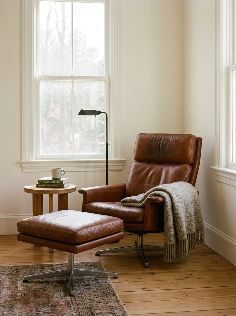 Cognac leather reading chair with ottoman, side table, and floor lamp beside a sunlit living room window