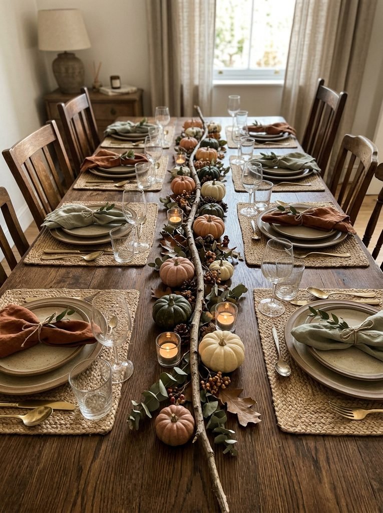 Dining table with a narrow branch and pumpkin centerpiece strip leaving room for place settings