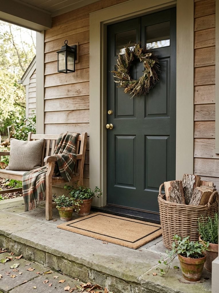 Welcoming front step with a neutral doormat, wooden bench, wool blanket, and basket of firewood beside the door