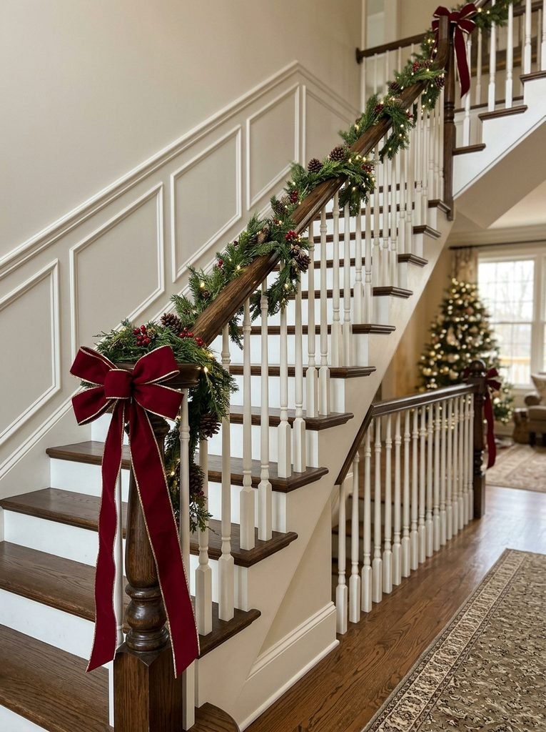 Open staircase with a spiral-wrapped evergreen garland and ribbon at each newel post