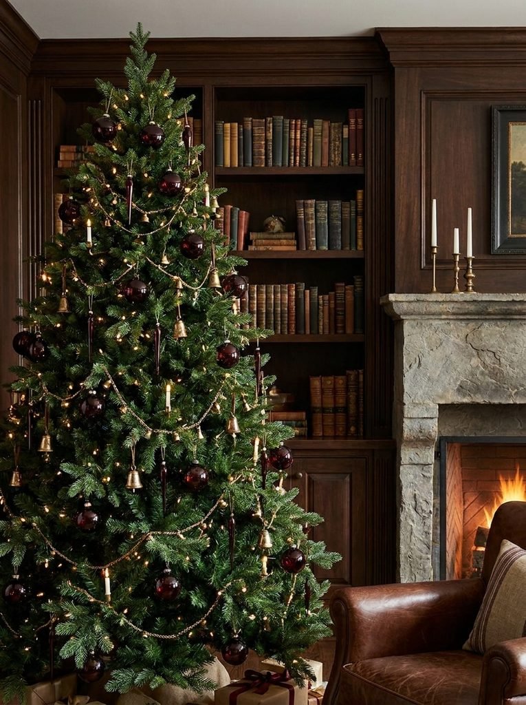 Full green Christmas tree with oxblood glass ornaments and antique brass details beside built-in bookshelves