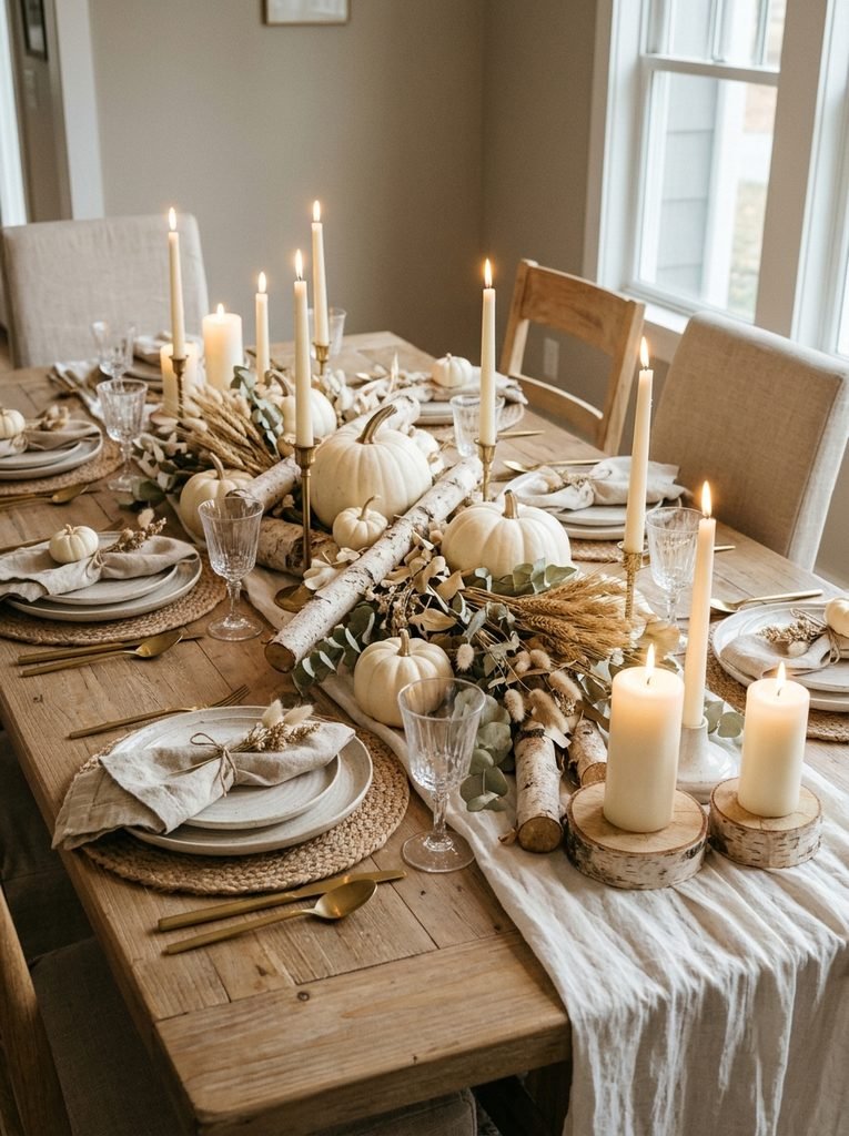 All-neutral Thanksgiving table with white pumpkins, birch branches and ivory candles
