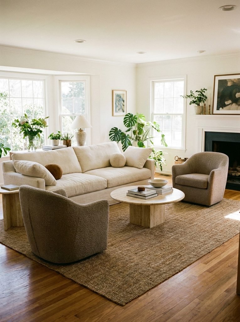 Living room seating group with sofa and two taupe accent chairs arranged around a coffee table with clear walkways
