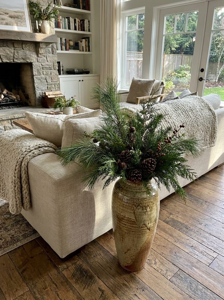 Tall ceramic vase of fresh pine and cedar branches beside a sofa in a living room