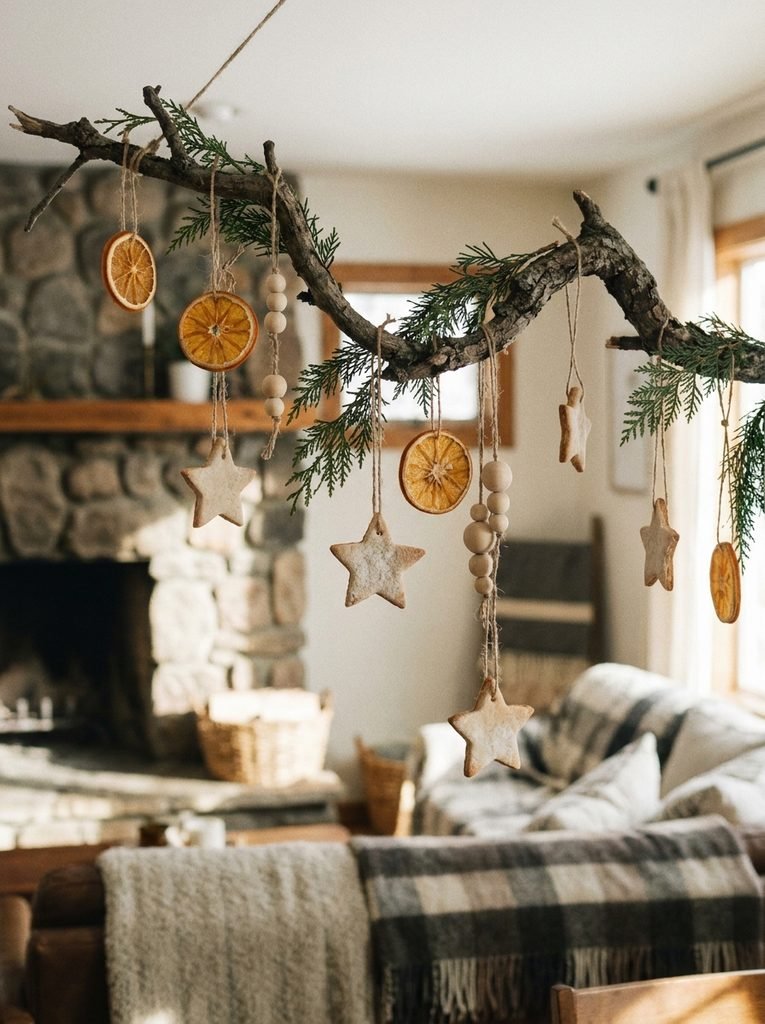 Handmade neutral ornaments including dried orange slices, salt dough stars, and wooden beads on a tree branch