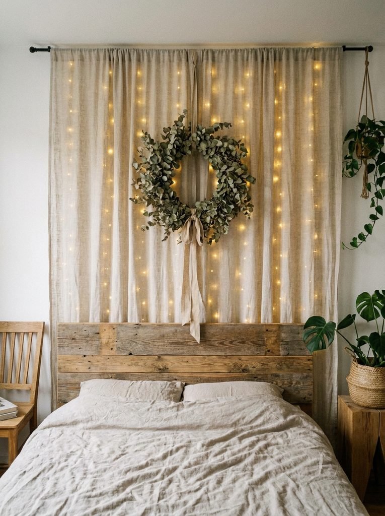 Bedroom headboard wall with a sheer curtain panel, soft string lights and a dried eucalyptus wreath