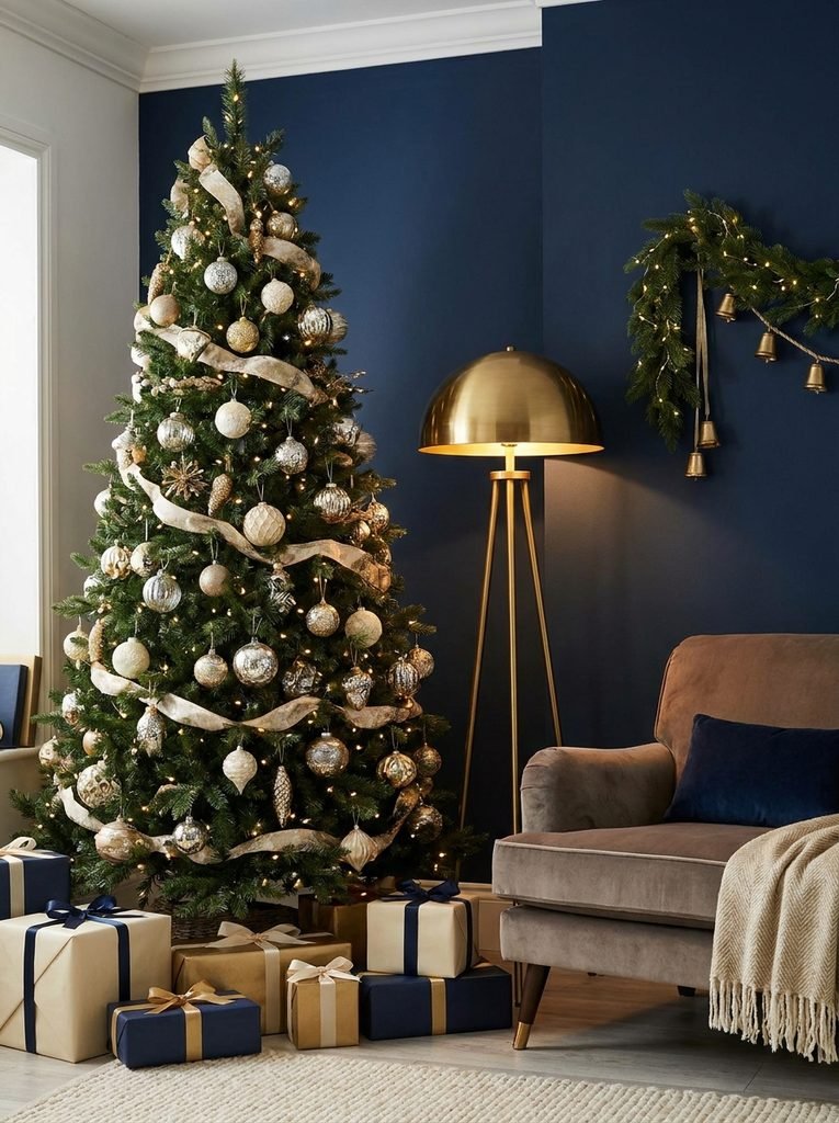 Christmas tree placed beside a navy accent wall with brass lamp and coordinated gold and cream ornaments