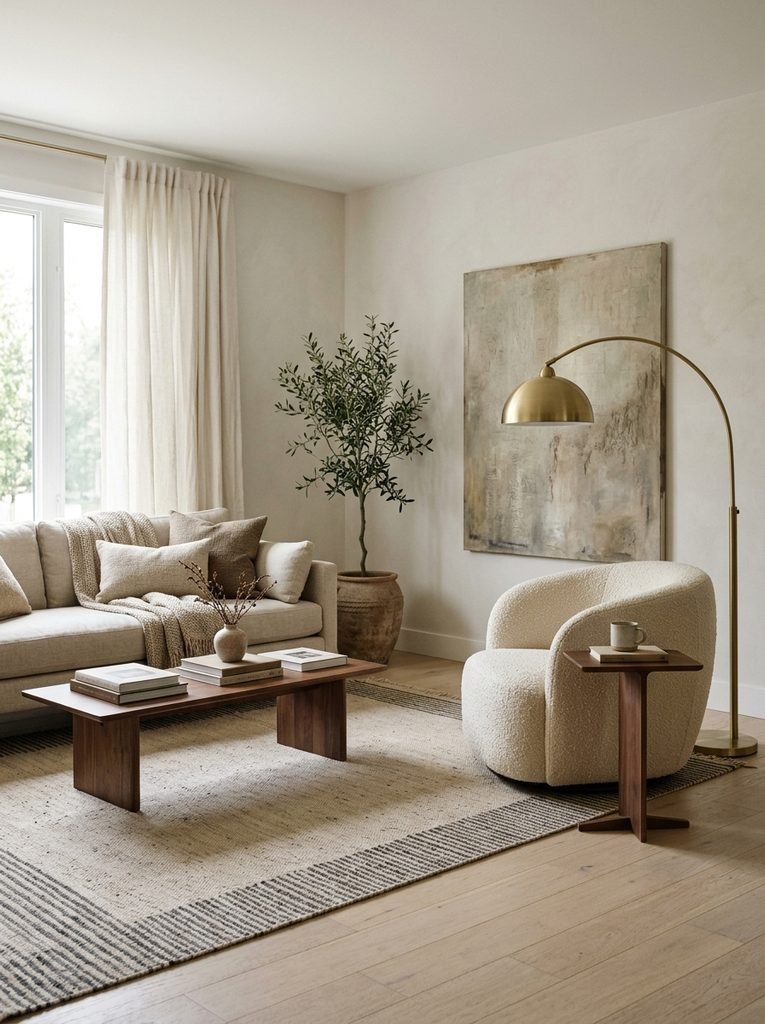 Ivory boucle accent chair angled toward a linen sofa with walnut side table and brass floor lamp in a bright living room