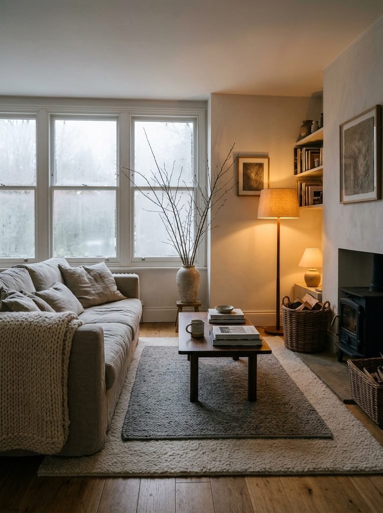 Cozy hygge living room in late January with a wool throw, warm lamps and bare branches