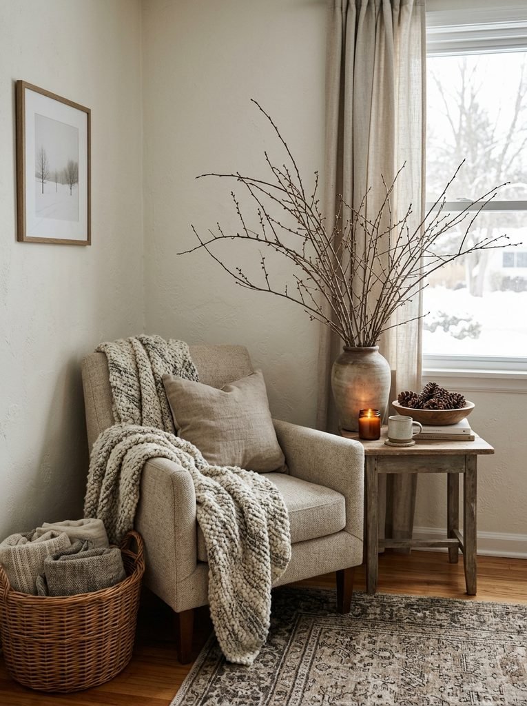 Winter living room corner with bare branches in a vase, pinecones and a wool throw after Christmas
