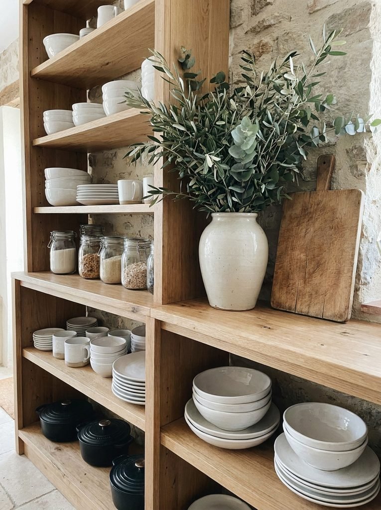 Open kitchen shelves with white dishes, glass jars, a vase of branches, and a leaning wooden cutting board