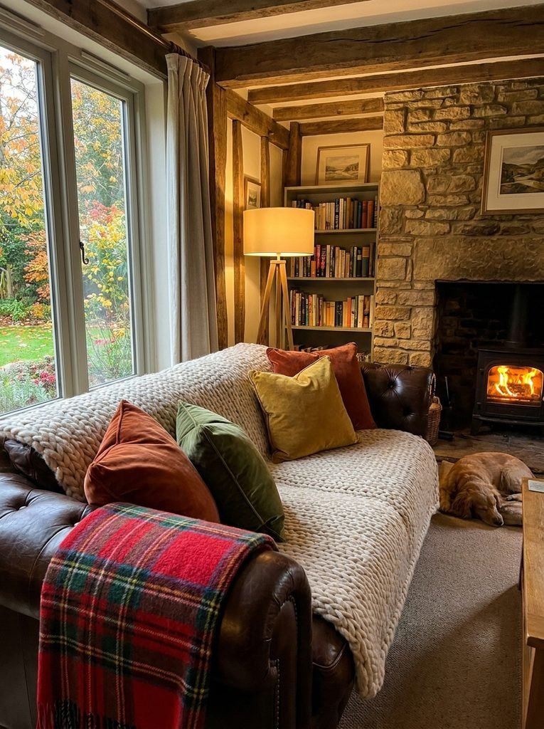 Sofa layered with a chunky knit throw, velvet pillows, and a plaid blanket in a warm living room