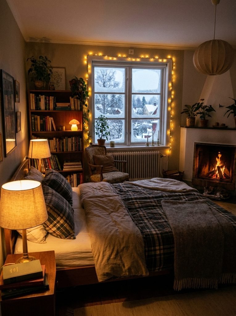 Bedroom lit by low lamps, window string lights and a small night light on a winter evening