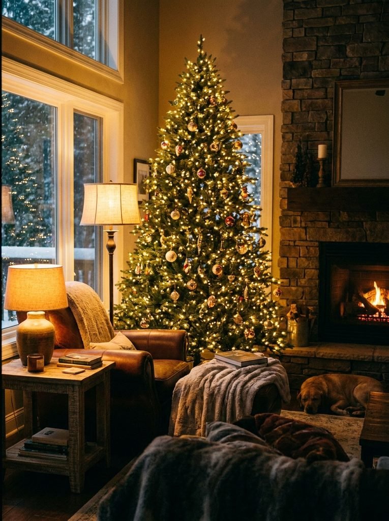 Evening living room lit by a floor lamp, table lamp, and glowing Christmas tree with warm white lights