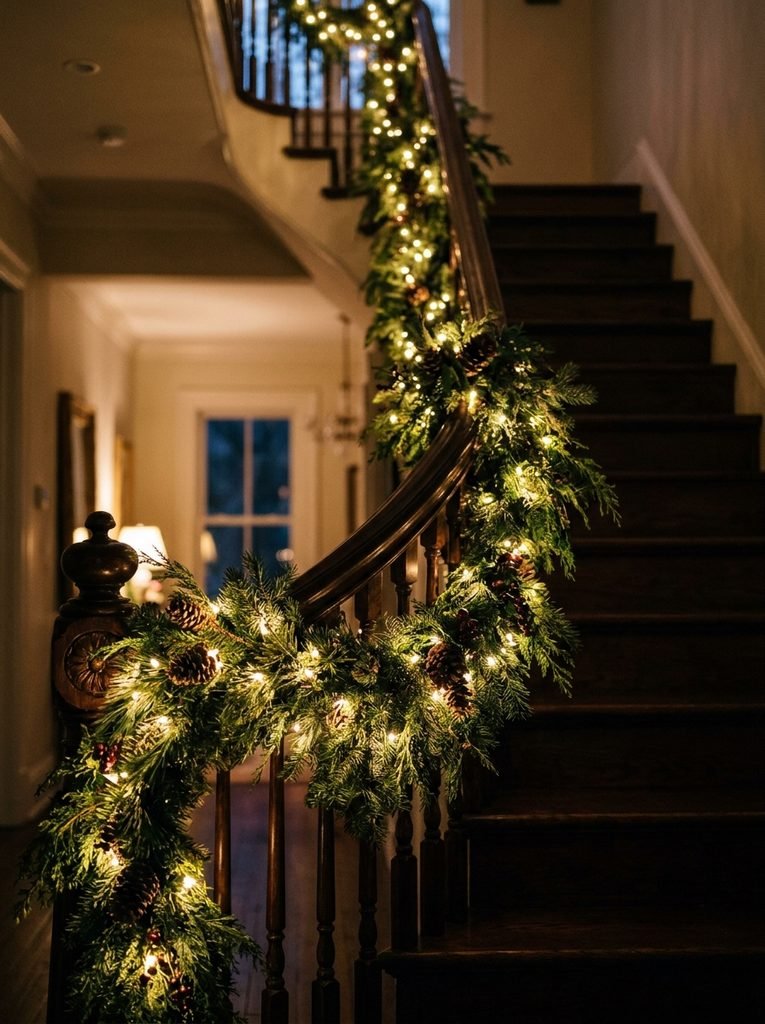 Staircase garland with warm white lights woven deep into evergreen branches and glowing in the evening