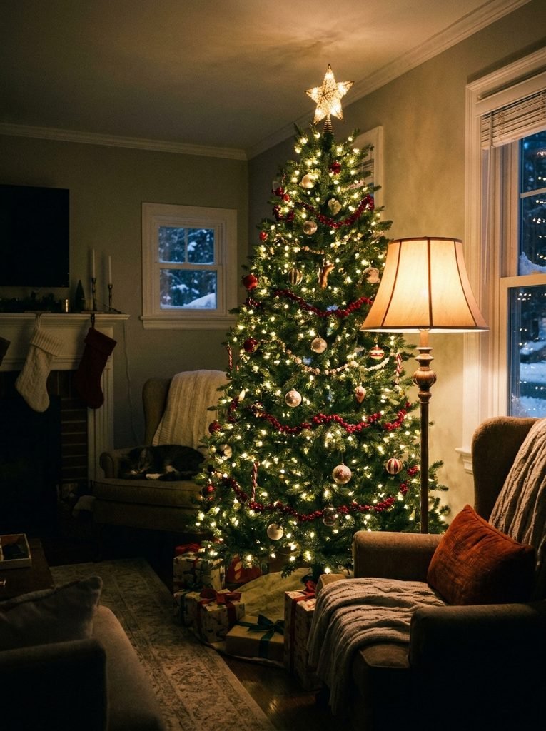 Christmas tree glowing with warm white lights in a dim living room beside a lit floor lamp